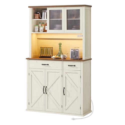 VASAGLE Credenza Cucina con Luce e Multipresa, Mobile Dispensa Cucina con Ante e Cassetto, 39,5 x 106,5 x 180,6 cm, con Ripiani Regolabili, Stile Farmhouse, Bianco Vintage e Marrone Miele BBK391W02