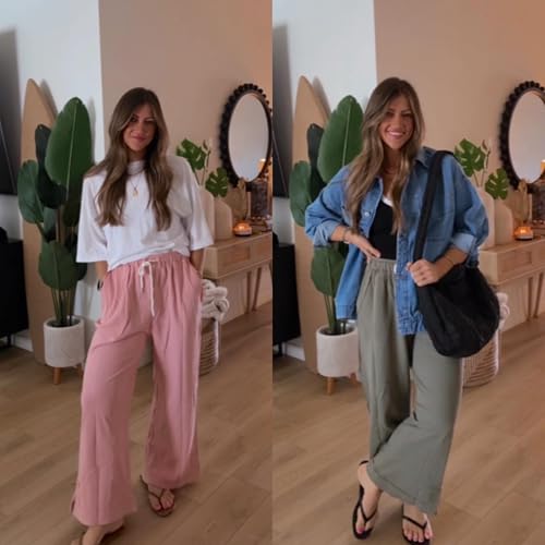 Image of Athlisan Womens Baggy Wide Leg Palazzo Pants Casual Loose Drawstring Elastic Waisted Lounge Trousers with Pockets