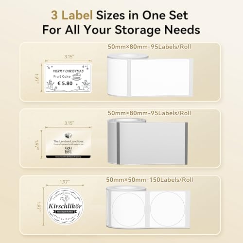 Image of NIIMBOT Thermal Label Tape 3 Rolls, Compatible with B1 B21 B31 Label Maker | Multi-Size Pack, 50x80mm White, 50x80mm Clear, 50x50mm Round | for Address, Jar, Gift, Logo & File Organization Stickers