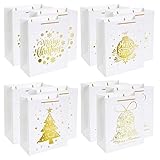 UNIQOOO 12 Pack Large Merry Christmas Holiday Gift Bags -4 White & Metallic Gold Foil Designs for Christmas Presents – Perfect for Wrapping Stocking Stuffers, New Year Party Favors