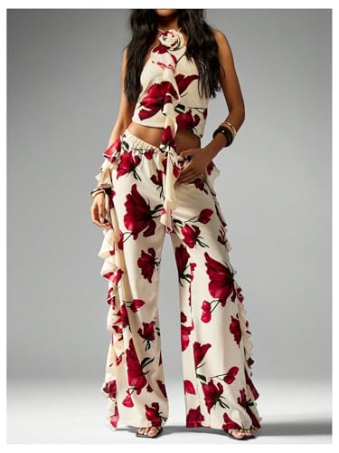Women's Floral Palazzo Pants Boho Ruffle Elastic High Waist Wide Leg Baggy Trousers4