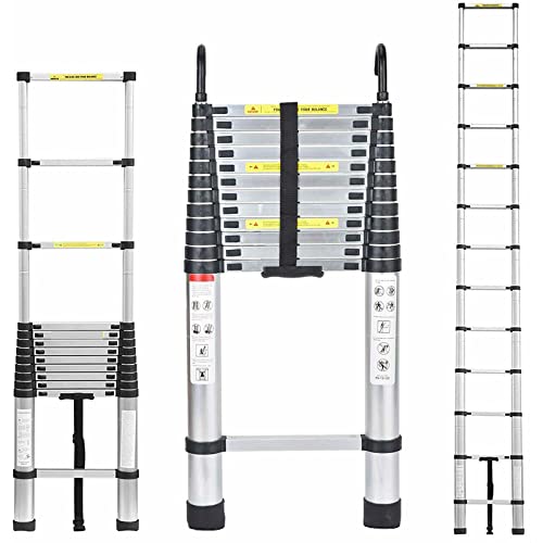 Escalera Telescópica de Aluminio Multiusos Portátil 5m Escalera Plegable Extensible con Gancho, Pestillo de Seguridad, Escalera Multifunción para Interior Exterior, Carga máxima 150 kg Cover