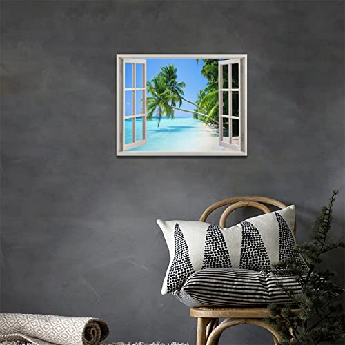 Tropical Palm Beach Wall Art Coastal Ocean Bathroom Pictures Wall Decor 3D Window Canvas Prints Framed Modern Seascape Landscape Painting Artwork For Living Room Hotel Kitchen Offic 16"X12" #TOP2