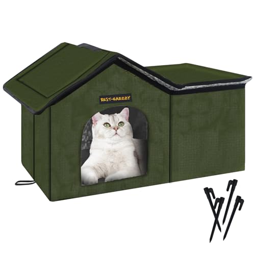Rest-Eazzzy Cat House for Outdoor Cats, Weatherproof and Insulated Feral Cat House with Mat and Clip, Easy to Put Together, Selfwarming Cat Shelter for Winter(Green, Waterproof House-S) oliv