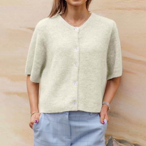 Image of Women Knitted Crop Cardigan Shirt Short Sleeve Button Down Ribbed Knit Crop Top Y2k Girls Outwear Top Tee Shirt