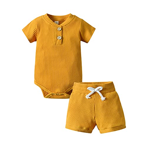 Image of Derouetkia Summer Newborn Baby Boy Girl Clothes Solid Color Ribbed Romper and Shorts Outfits Set