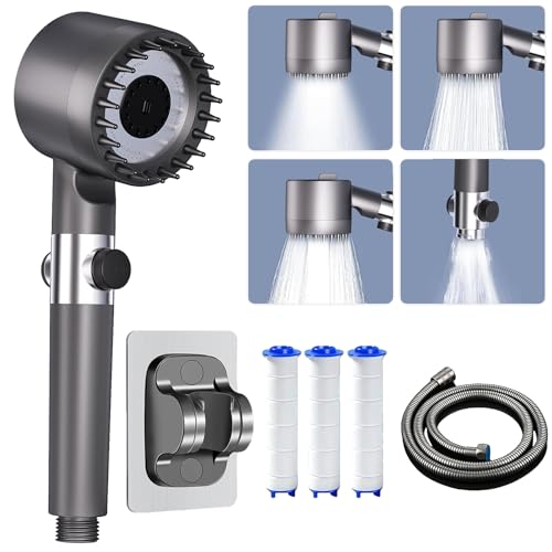 Alcachofa De Ducha, Alcachofa Ducha Alta Presión Con Filtro, Manguera 1.5m Y Soporte, 4 Modos, Cabezal De Ducha Con 3 Filtros Para Eliminar El Cloro Y Proporciona Masaje, Gris