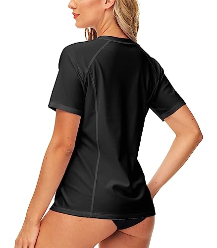 Image of AOBUTE Women Zip Rash Guard UPF 50+ Gradient Short Sleeve Swim Top Surf Shirts