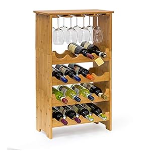Relaxdays 10013871 Casier à bouteilles de vin Étagère à vin en bambou H x l x P : 84 x 50 x 24 cm range-bouteilles horizontal pour 16 bouteilles porte-bouteilles en bois avec porte-verres pour 12 verres, nature