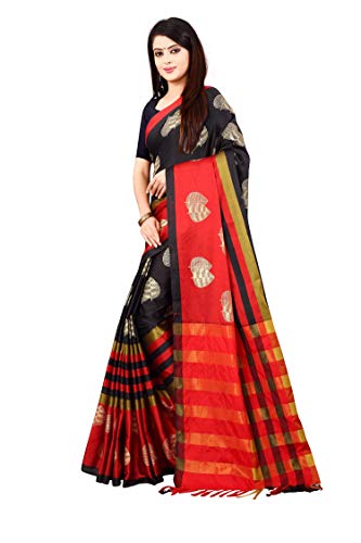 Image of OM SAI LATEST CREATION Soft Cotton & Silk Saree For Women Half Under 349 2020 Beautiful For Women saree free size with blouse piece (Black)