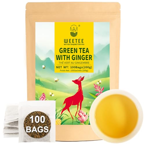 WT WEETEE Green Tea with Ginger, 100 Count Real Ginger Caffeinated Tea Bags