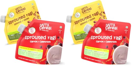 Image of Happa Ragi Cereal for Babies | Sprouted Ragi Carrot Beetroot & Almond Dates Combo | No Sugar, Oil, Milk Powder, Flavours or Colours | Traditional Porridge Recipe | Cooks in 3 Minutes | Stage 2 (6 Months+) | 200g Pack