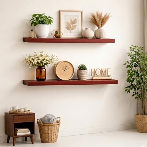 Image of Premium Wood Floating Shelves Set of 2-50cm Wall Mounted Storage Display Racks for Living Room & Bedroom, Sturdy Wood Shelves for Home Decor, Easy Install, Rich Polish Finish, Brown