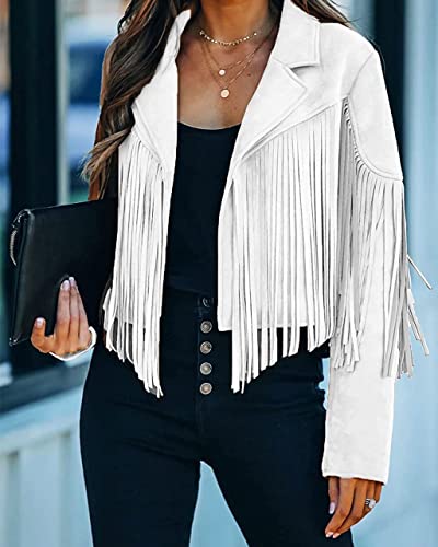ebossy Women's Suede Fringe Jacket Long Sleeve Slim Faux Leather Boyfriend Cropped Top with Tassles3