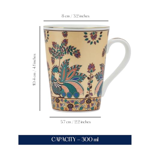 Image of GOLDEN QUEEN'S Elegant Floral Mugs: Set of 2 for Coffee, Tea, Milk | Ideal for Hosting, Casual Gatherings, or Your Daily Beverage Ritual | 24 Carat Gold on Rim - Handpainted Peacock 300 ml