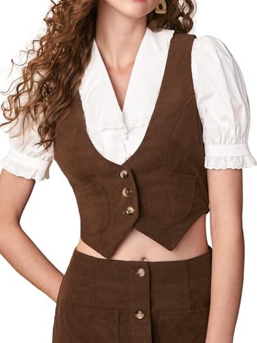 Verdusa Women's Button Front Scoop Neck Sleeveless Patch Pocket Crop Vest Blazer Jacket