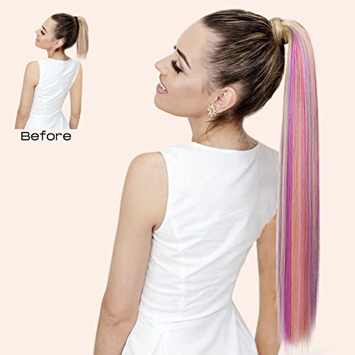 Seikea 28" Long Straight Ponytail Extension Colored Wrap Around Clip In Hair Extensions Ponytail Thick Fake Ponytail Heat Resistant Synthetic Hairpiece For Women Black Brown With Hot Pink & Purple Highlights #TOP4