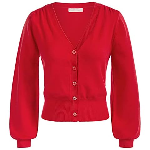 Belle Poque Vintage Lantern Long Sleeve V-Neck Cardigan fo Women Casual Wear Red-128 S Cover