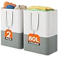 Lifewit 2 x 80L Laundry Hamper, Freestanding Laundry Basket with Handles, Waterproof Tall Collapsible Clothes Hamper for Laundry Dorm Bedroom Bathroom, Dark-Light