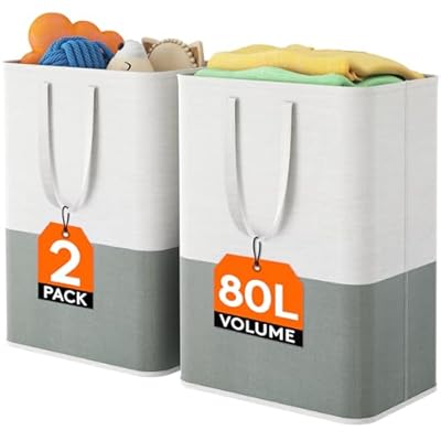 Lifewit 2 x 80L Laundry Hamper, Freestanding Laundry Basket with Handles, Waterproof Tall Collapsible Clothes Hamper for Laundry Dorm Bedroom Bathroom, Dark-Light