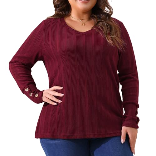 Image of Agnes Orinda Plus Size Knit Tops for Women Long Sleeve V Neck Button Stretch Casual Pullover Sweater Blouses