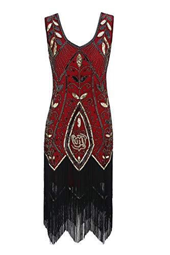 Metme Women's 1920s Flapper Dress Sequins Art Deco Fringed Sleeveless Gatsby Dress Red Gold