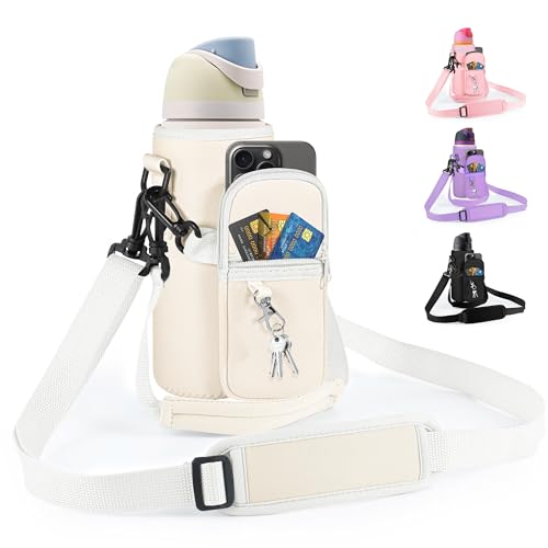 Icesip Water Bottle Carrier Bag with Strap for Owala FreeSip 24 oz with Detachable Phone Pocket for Owala Accessories 24oz Water Bottle Sleeve for Walking Camping Gym Off White