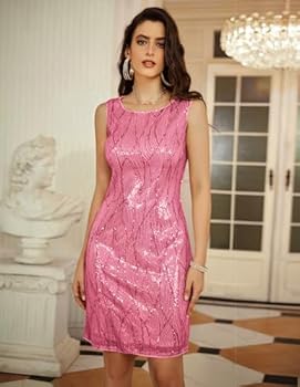 GRACE KARIN Dames mouwloze ronde hals pailletten caami jurk elegant