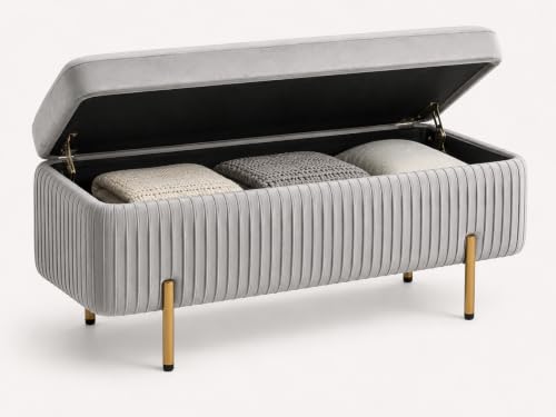 Image of LEGACY OF COMFORT Miajah Velvet Upholstered Flip Top Storage Bench 2 Seater Sofa Upholstered Ottoman Bench with Storage for Living Room, Bedroom (Silver Grey)