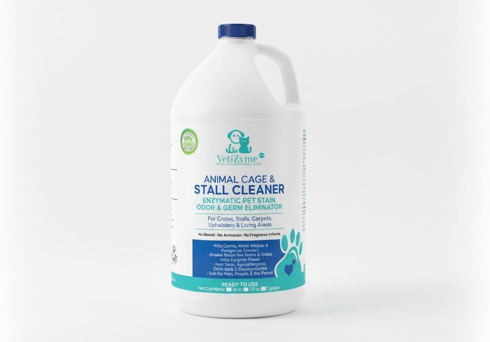 VetiZyme Animal Cage & Stall Cleaner – Natural Enzyme Cleaner & Odor Eliminator – Sanitizes, Disinfects & Remove Germs, Bacteria, Mold & Mildew – Non Toxic, Safe for Pets, Livestock & Facilities