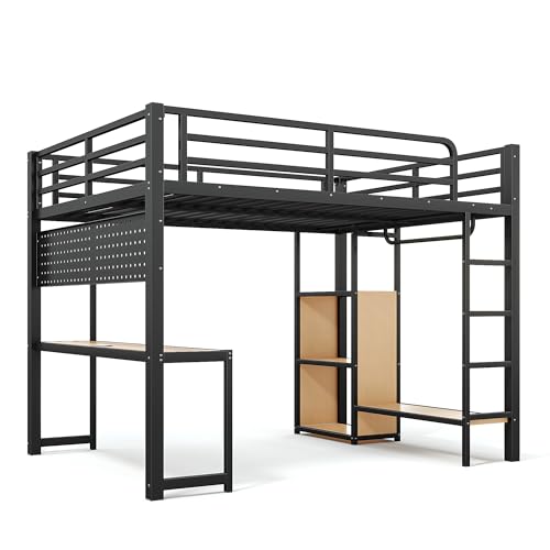 Image of Bellemave Metal Queen Size Loft Bed with Desk and LED Lights,Heavy Duty Loft Bed Frame with Storage Shelves and Charging Station for Kids,Teens,Adults, Space Saving,Black