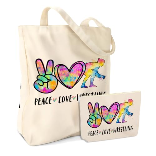 Wrestling Gifts for Women Coach Mom Fans Sports Wrestling Lover Coworker SIster Teacher Team Birthday Christmas Friendship 2PCS Cosmetic Bags Canvas Tote Bag Beach Bag with Pocket Makeup Bags