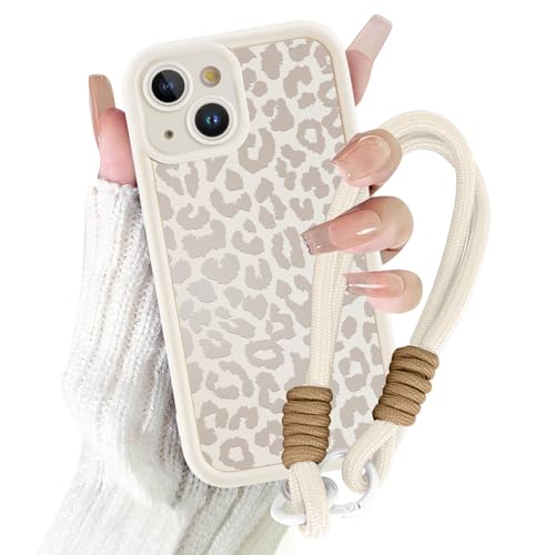 Coalbooliy Handyband Handyhülle für iPhone 13 hülle 6 1 mit Band Kette Aesthetic Weißer Leopard Sommer Muster Mädchen Design mit Kordel zum Umhängen Cover Universelles Patch Silikon Case 01