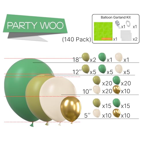 Image of PartyWoo 140 pcs Olive Green Balloon Arch Kit, Sage Green Balloon Garland Kit with Cream White Metallic Gold Retro Green Clear Balloons and Arch Kit for Birthday, Baby Shower, Wedding
