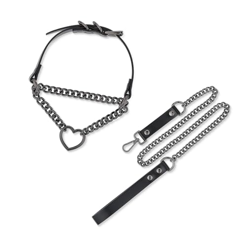 Heart O-ring Leather Choker Necklace For Women, Punk Gothic Black/Pink Slip Chain Necklace with Vegan Leather Swivel Clasp2