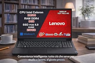 Lenovo Pc Portatile, Notebook Intel N4500, Ram 8Gb, SSD 256Gb, FHD 15.6", Ingresso Lan, Hdmi, Usb Type-C, Win 11, Wi-Fi, Computer Portatile, Laptop Mouse WiFi Omaggio