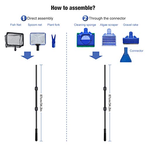 TOWEAR Kit di pulizia per acquario 6 in 1, set di attrezzi per la pulizia dell'acquario con rete per pesci, rete per cucchiaio, rastrello per ghiaia, forchetta per piante, raschietto, spugna - Image 5