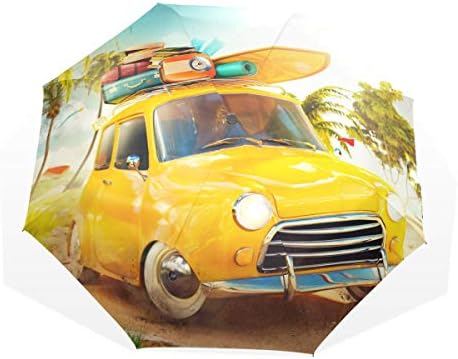 Umbrella Cute Travel Funny Retro Car With Surfboard And Suitcases On A Windproof Folding Umbrella For Women Rain & Wind Resistant Compact And Lightweight For Business And Travels