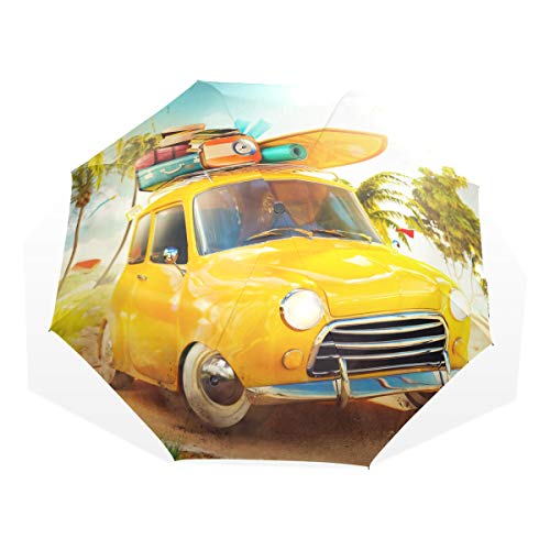 Umbrella Cute Travel Funny Retro Car With Surfboard And Suitcases On A Windproof Folding Umbrella For Women Rain & Wind Resistant Compact And Lightweight For Business And Travels #TOP1