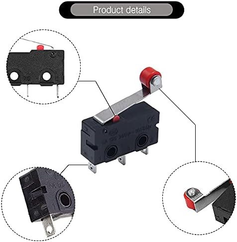 Neikafan 15 Pcs Mirco Limit Switch with Roller Lever 3 Pins Self-resetting Micro Switch 5A 250v Snap Action Switch for Test Instrument Auto Electronic Products Sensitive Tact Switch, black