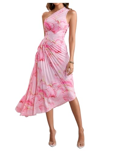 MakeMeChic Women's Tie Dye One Shoulder Dress Floral Asymmetrical Cut Out Drawstring Pleated Maxi Dresses Pink Large