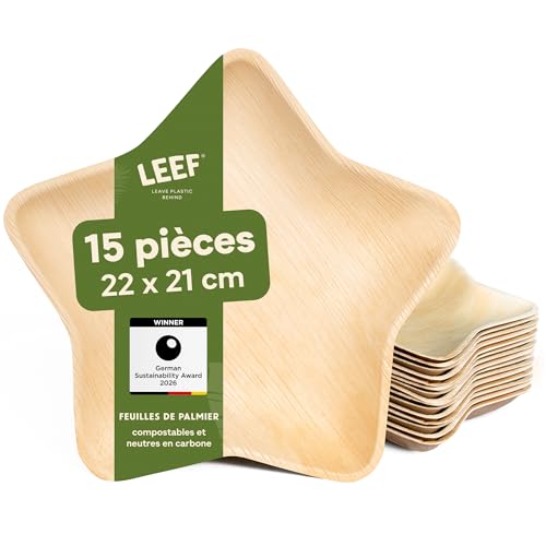 Leef® assiette jetable en palmier [15 pcs] assiette barbecue comme décoration d'anniversaire [Étoile] assiettes plates alternative aux assiette plastique...
