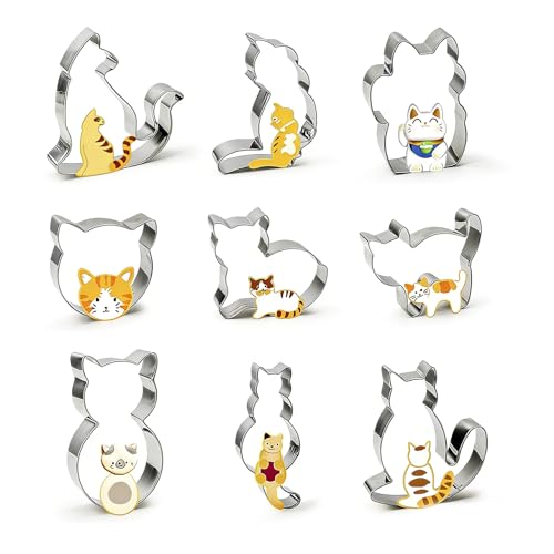 9 Stück Ausstechformen Katze Edelstahl Kätzchen Plätzchen Ausstecher Set Fondant Ausstechform Tier Katze DIY Tierform Keksausstecher für Plätzchen Kuchen & Deko