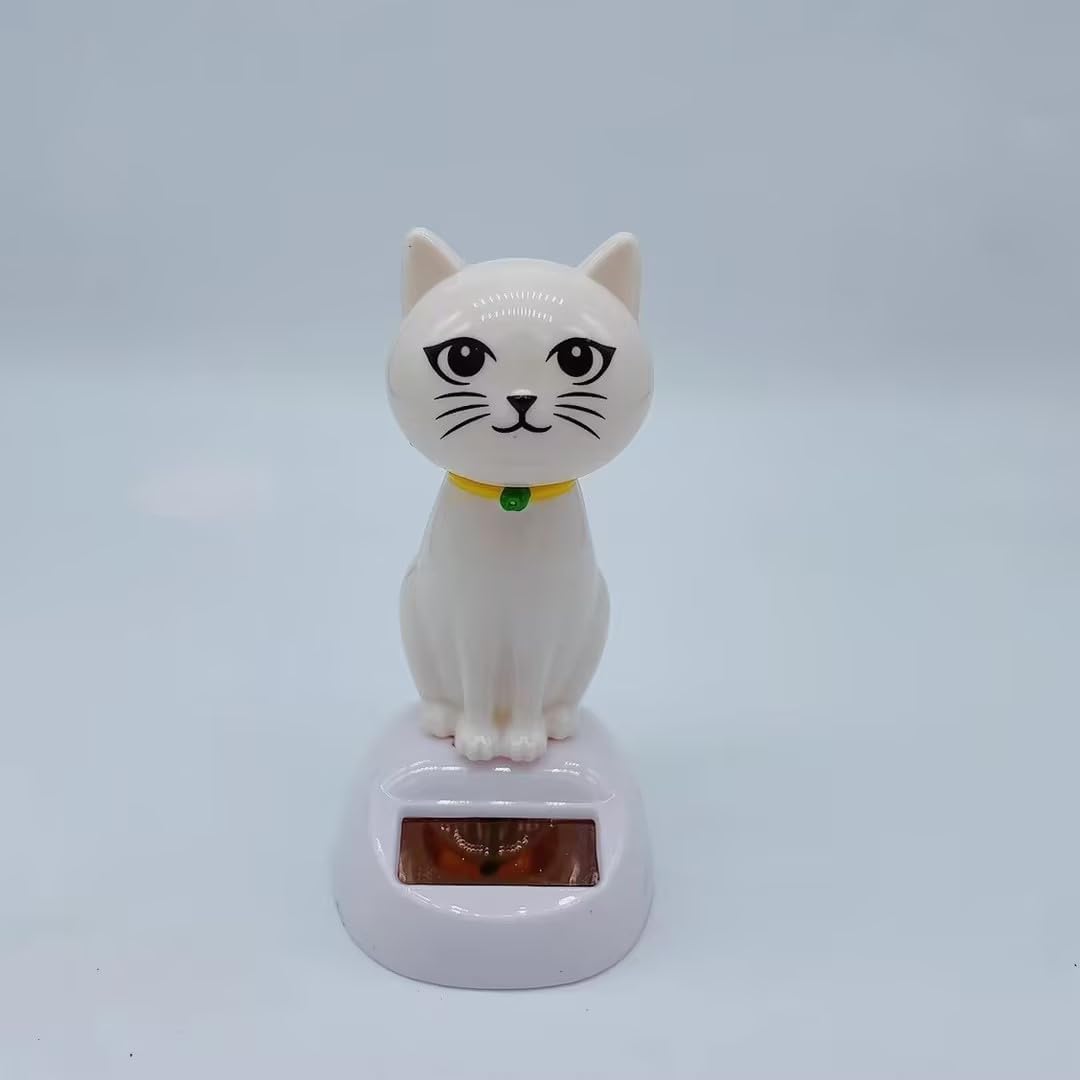 White Cat Solar Powered Decor, Cute Swing Animal Dancing Dolls Car Dashboard Ornament, Solar Shaking Cat Desktop Decoration for Home Office, Decor, Solar Power Kits Learning and Education Novelty