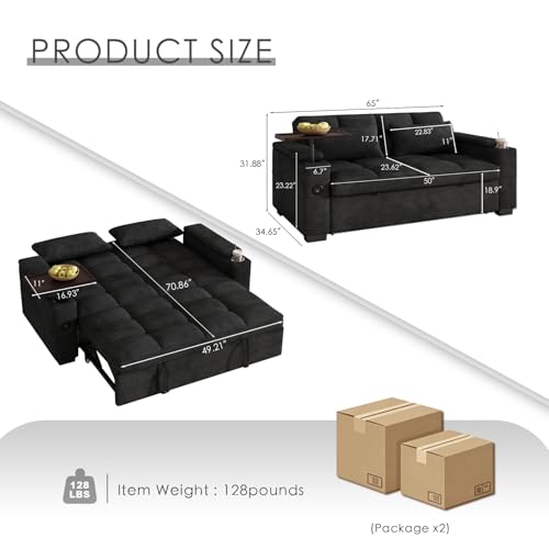 Image of Dreamzie 65'' 3 in 1 Convertible Sleeper Sofa Bed, Chenille Pull Out Couch for Living Room with 90 Swivel Side Table, Loveseat Sleeper with Charging Port | Side Pocket | Cup Holders, Black