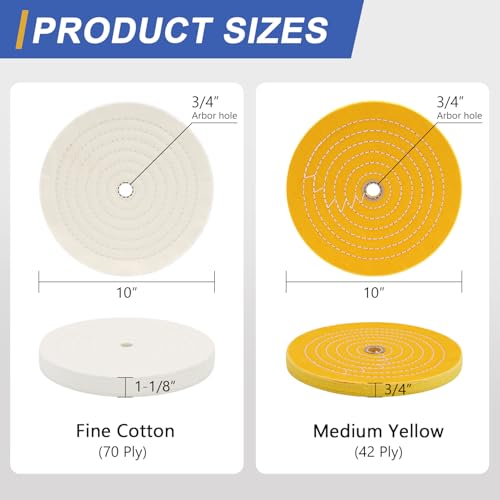 Image of SCOTTCHEN 10 inch Buffing Polishing Wheel for Bench Grinder Buffing Wheel White (70 Ply) & Yellow (42 Ply) for Buffer Polisher with 3 /4 inch Arbor Hole-2 PCS
