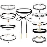 Kaelosyn 10 Pcs Black Choker Necklace for Women, Black Classic Velvet Choker Necklaces Stretch Emo Gifts Gothic Tattoo Lace Choker for Women Ladies Girls Halloween Party Dress Decorations