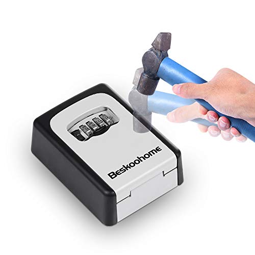 BeskooHome Wall Mounted Key Safe Lockbox - Waterproof Combination Lock Box, Zinc Alloy Storage With Slide Cover, Resettable Code for Spare Keys, Airbnb, Garage - Mounting Kit Included