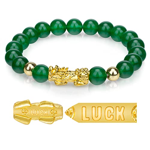 Fengshui Porsperity Jade Bracelet Lucky Charm Feng Shui Black Obsidian Wealth Bracelet Gift For Men Women With Gold Plated Pi Xiu Pi Yao Attract Wealth Good Luck(Green) #TOP5