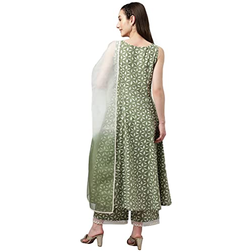 Image of FIORRA Women's Ferm Green Pure Cotton Flared Kurta, Palazzo & Dupatta
